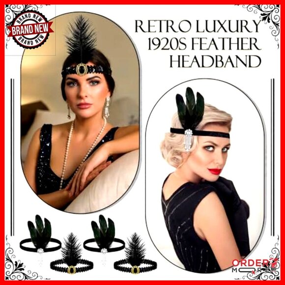 24-Piece 1920s Flapper Headband Set with Feathers and Rhinestones main image 6